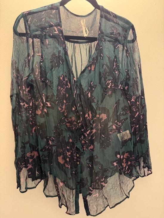 Anthropologie Tops - Anthropologie Sheer Teal Floral Button-Front Women's Blouse Small